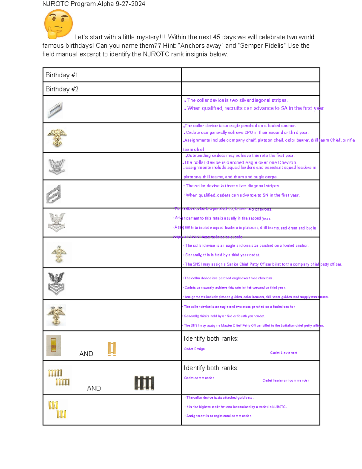 NJROTC Program Bravo 9-27-2024: Rank Insignia and Birthdays - Studocu