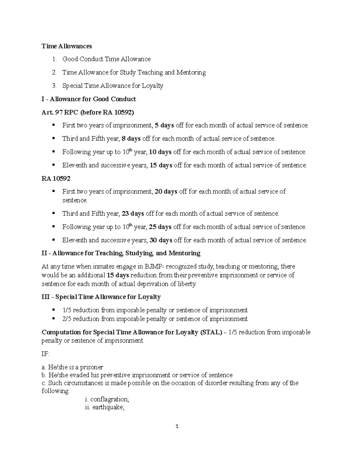 Time Allowances Manual: Good Conduct & Special Reductions - Studocu