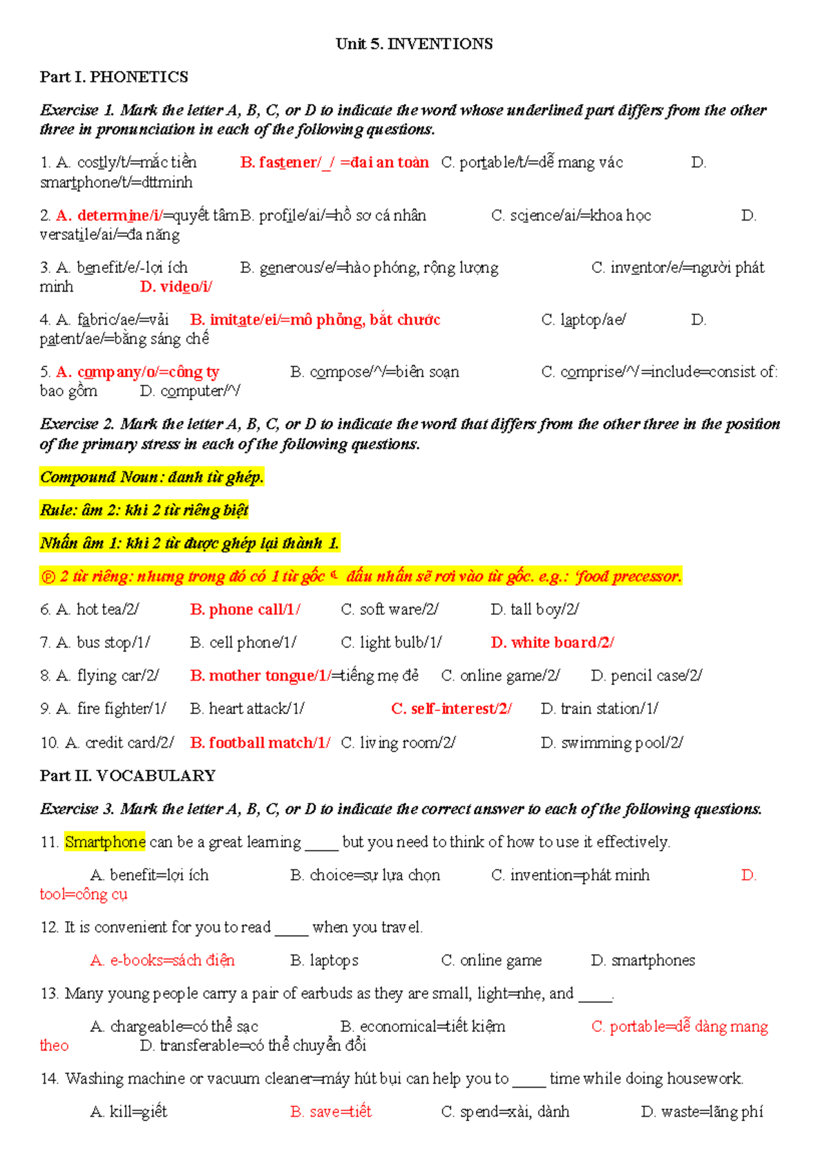 Unit 5 - INVENTIONS: Phonetics, Vocabulary, and Grammar Exercises - Studocu