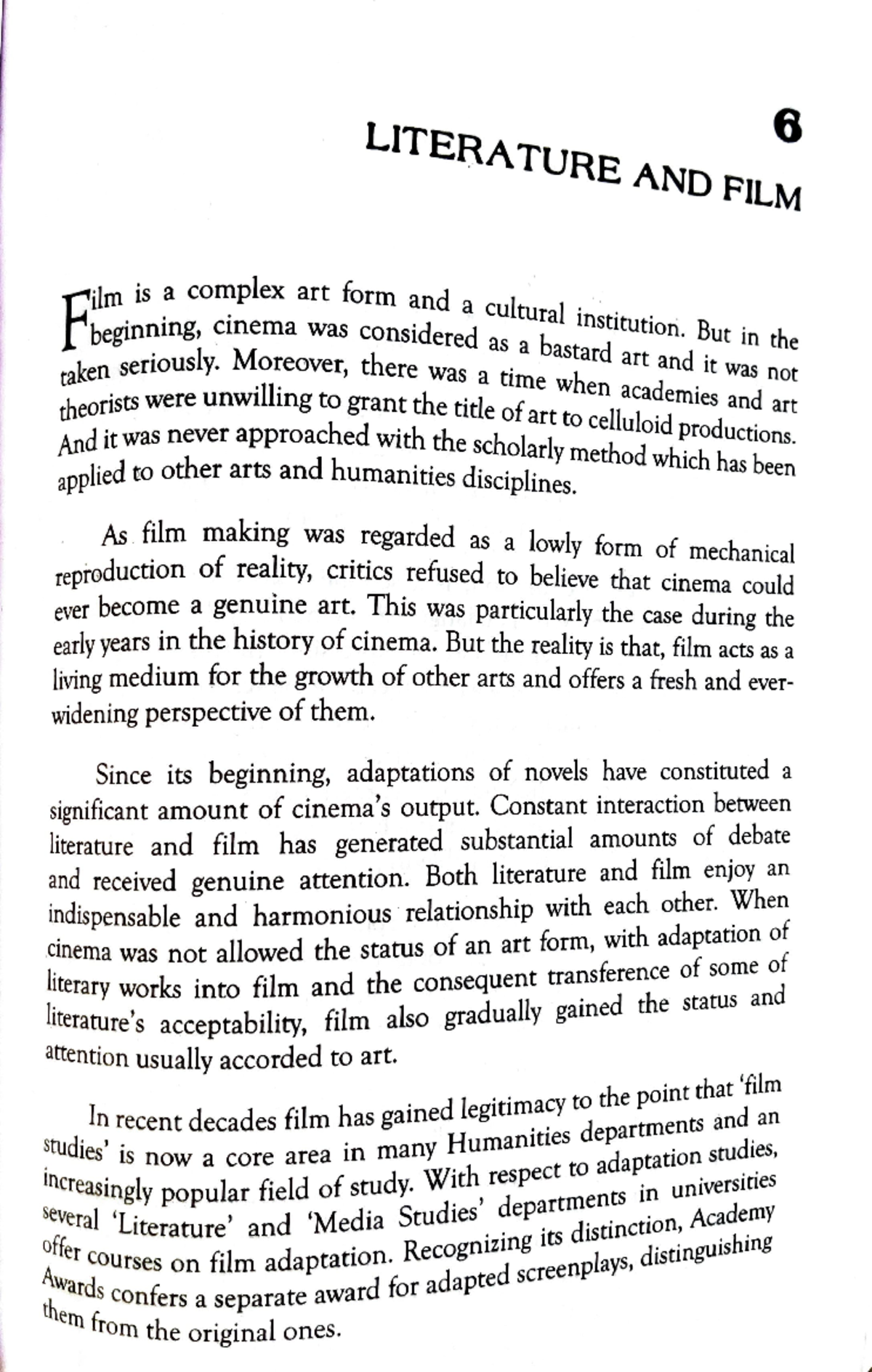 Film studies , a paper in 4th sem - 6 LITERATURE AND FILM is a complex ...
