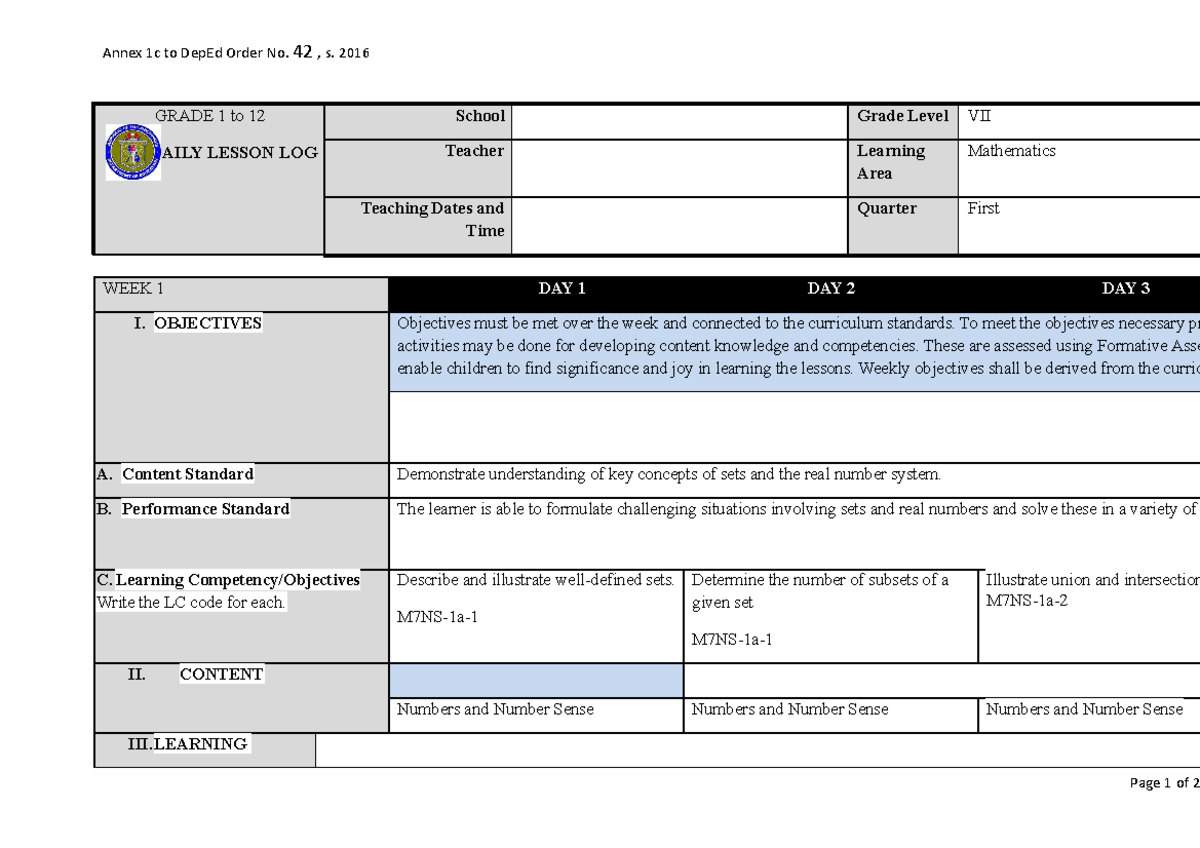 Math 7 G7 Q1 WEEK 01 - Comprehensive Lesson Plan on Sets - Studocu