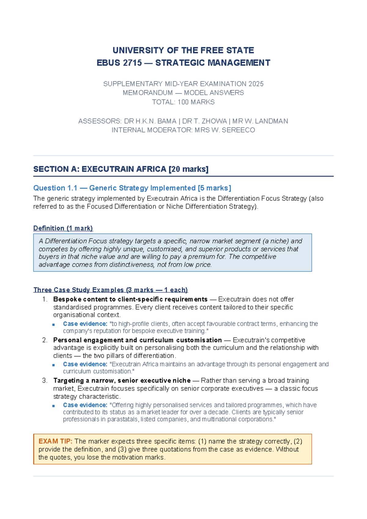 EBUS 2715 Strategic Management Supplementary Exam 2025 Memo - Studocu