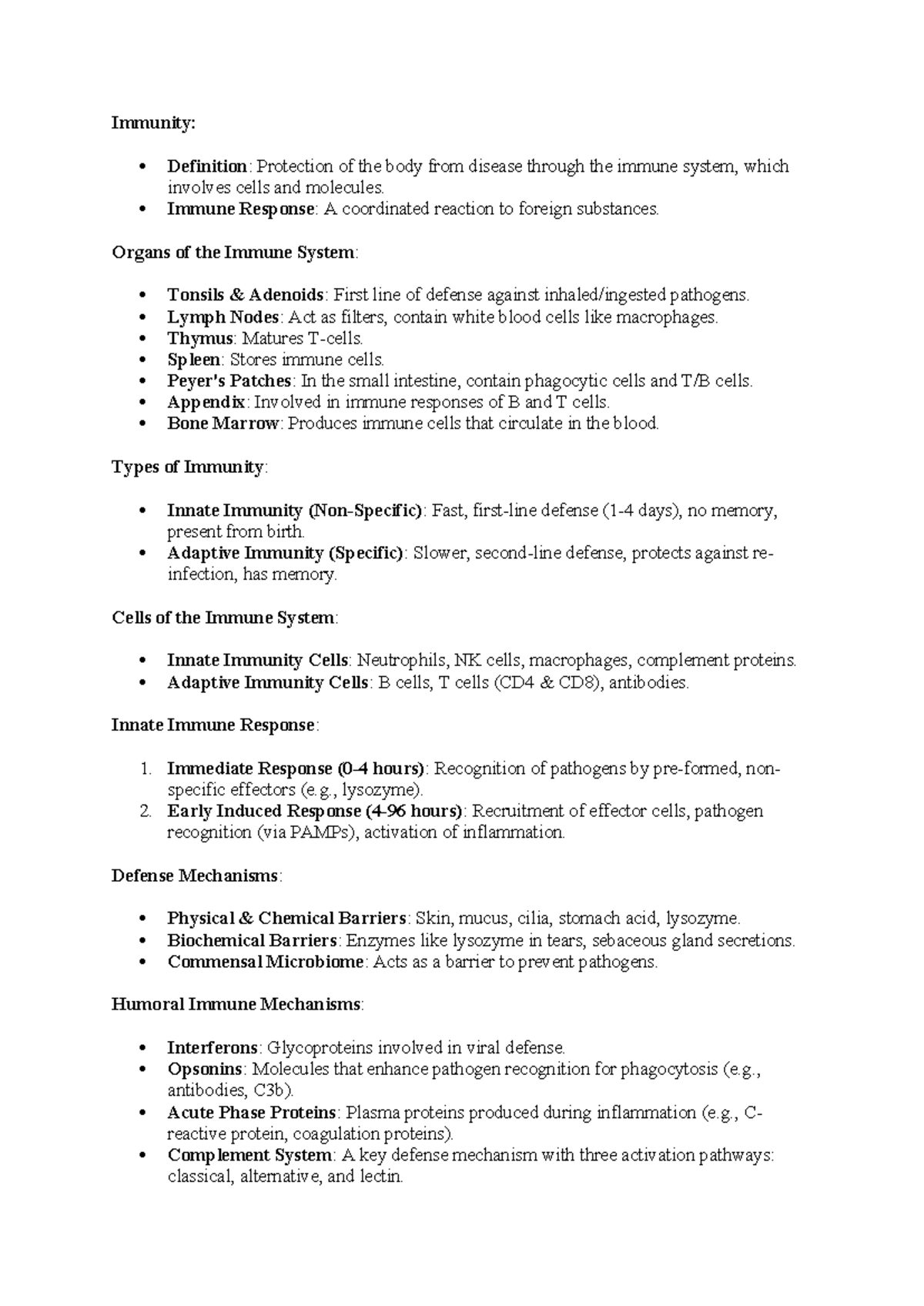 Immunity Overview: Key Concepts and Components Summary Sheet - Studocu