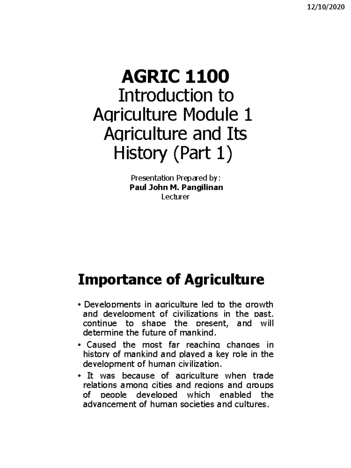 Agric 1100 Module 1: Introduction to Agricultural History Part 1 - Studocu