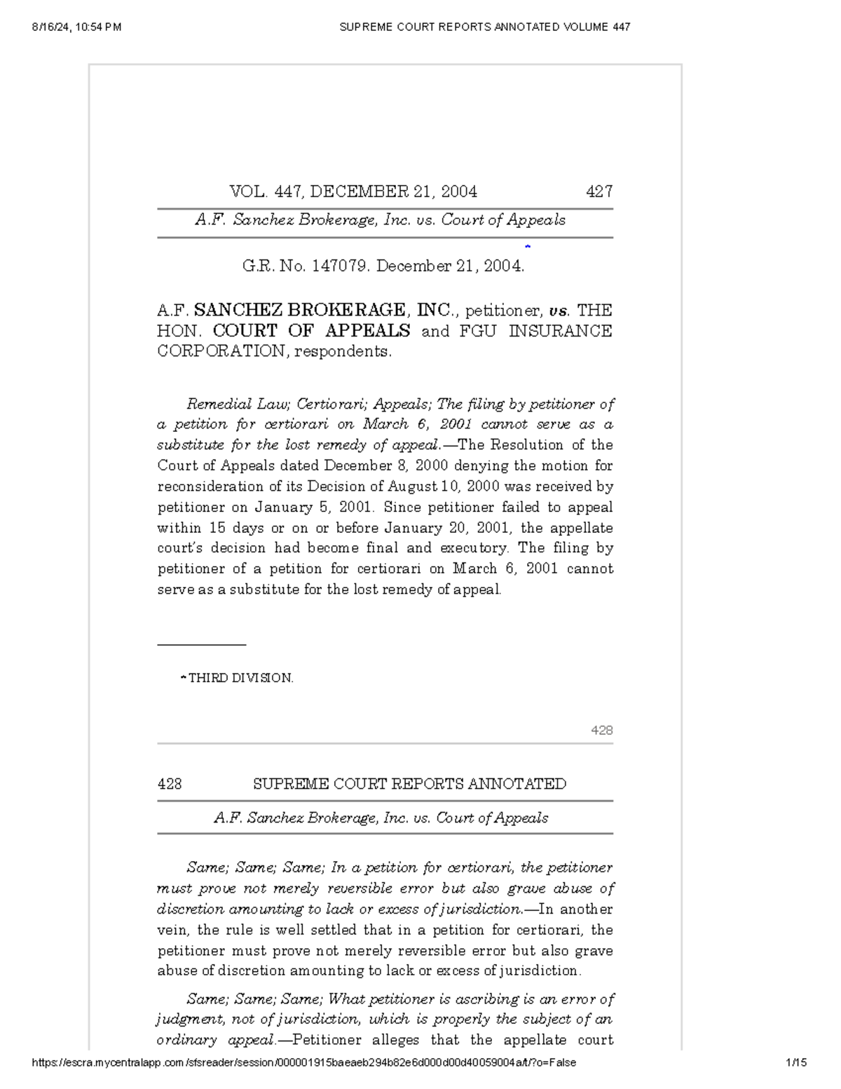 Supreme Court Reports Annotated: A.F. Sanchez Brokerage, Inc. vs. Court ...