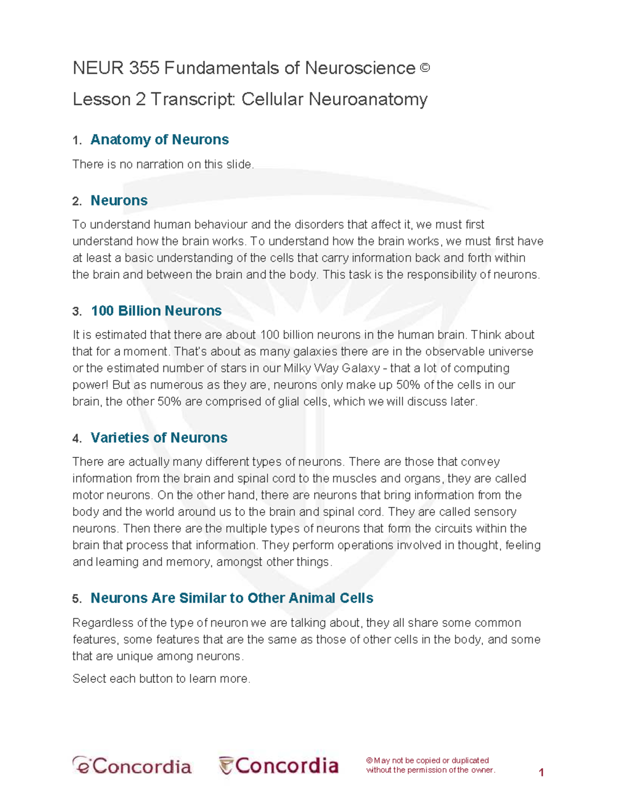 NEUR 355 Fundamentals of Neuroscience Lesson 2: Cellular Neuroanatomy ...