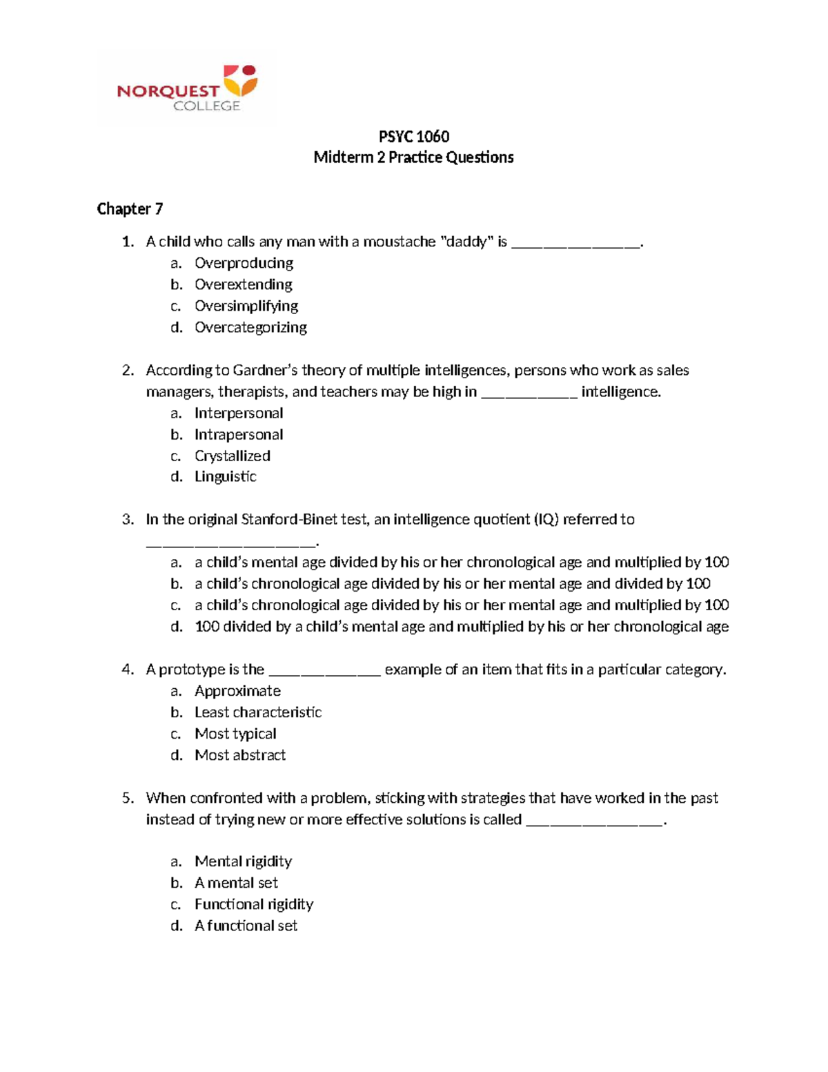 PSYC 1060 Midterm 2 Practice Questions: Key Concepts and Answers - Studocu