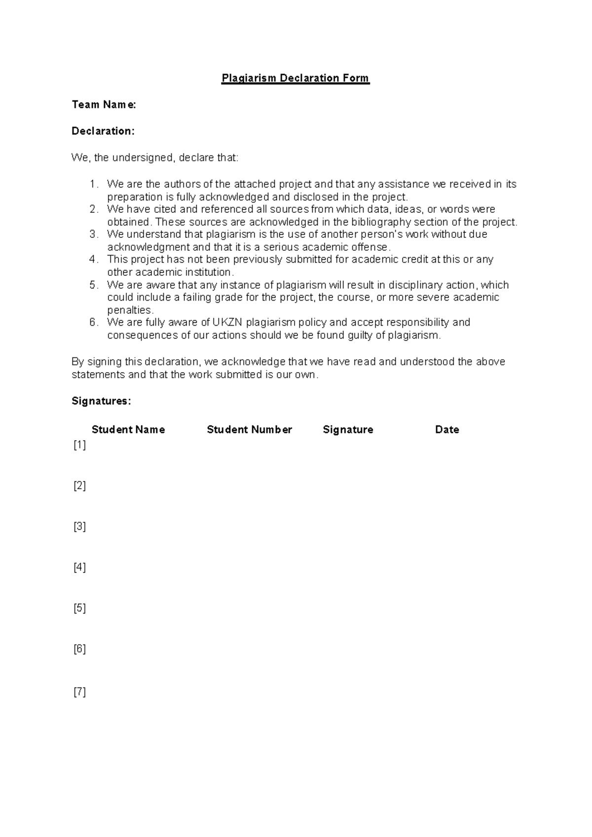Plagiarism Declaration Form for Project Submission - Studocu
