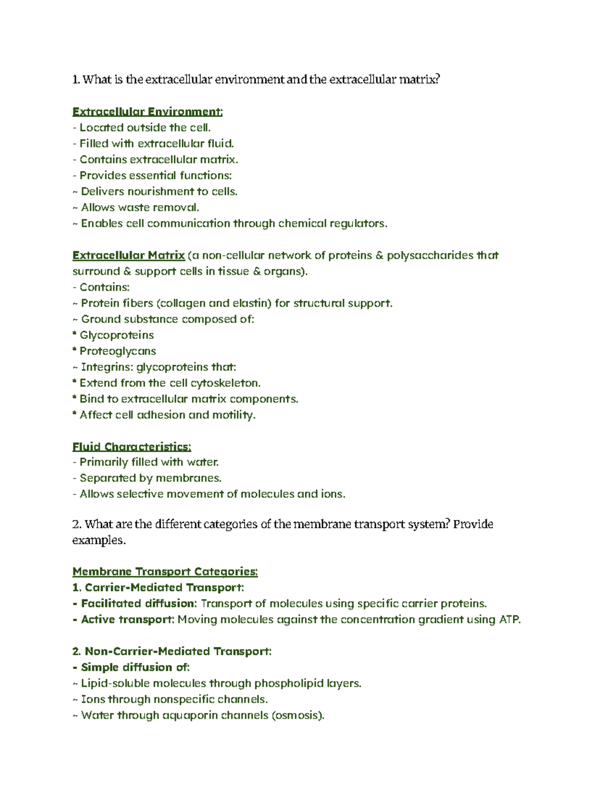 Cell Biology Lecture Notes: Extracellular Matrix & Transport - Studocu