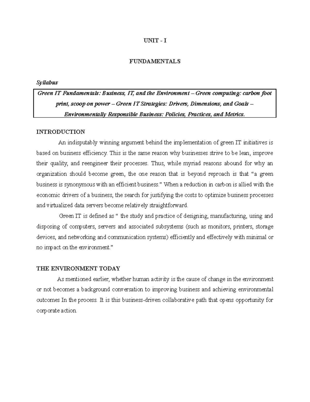 UNIT I - Green Computing and Its Environmental Impact Notes - Studocu