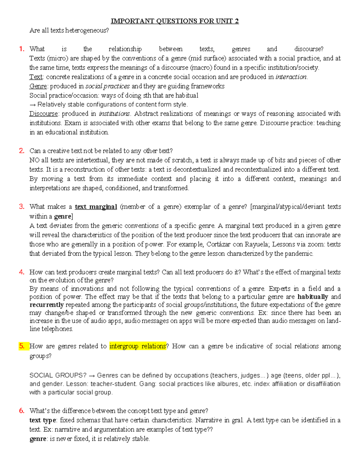 Unit 2: Key Questions on Texts, Genres, and Discourse Analysis - Studocu