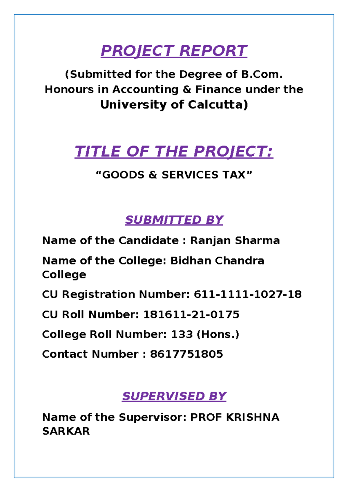 B.Com. Hons. Project Report on GST: Impact & Analysis - Studocu