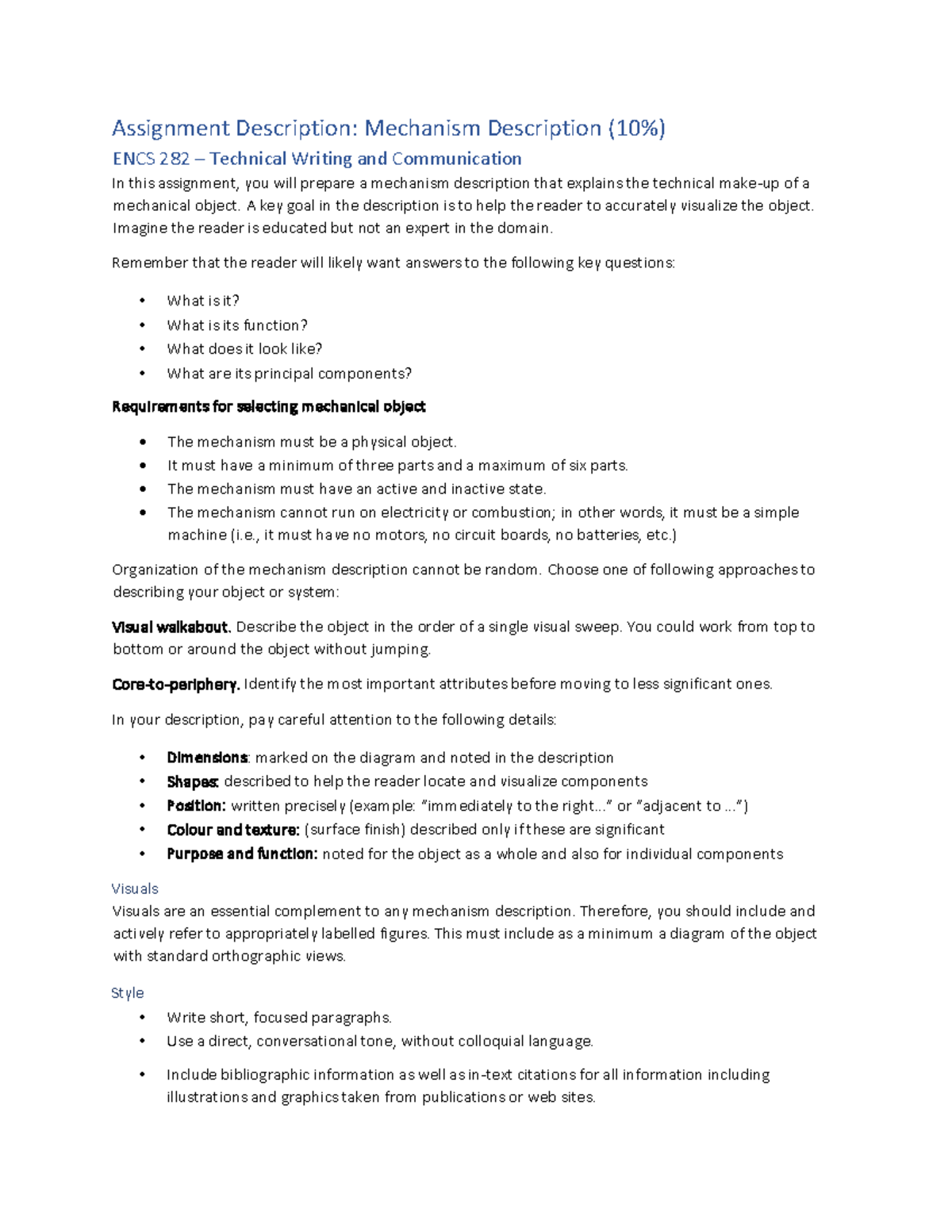 ENCS 282 Assignment: Mechanism Description Guide (10%) - Studocu