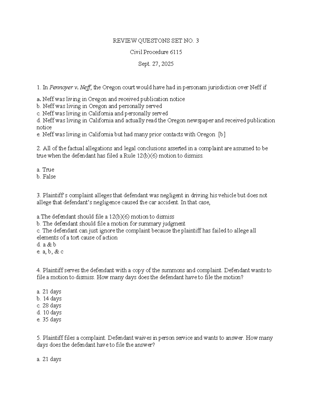Review Questions Set No. 3 - Civil Procedure 6115 - Studocu