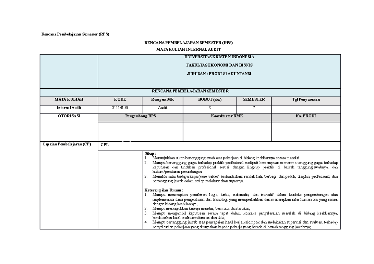 RPS Internal Audit 21114150: Rencana Pembelajaran dan Evaluasi - Studocu