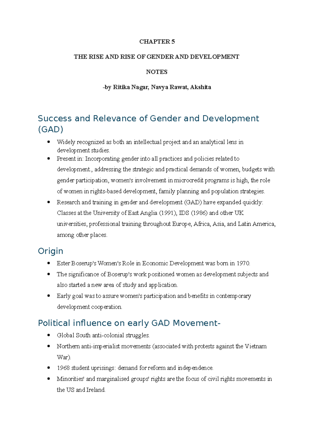 CHAPTER 5 GENDER AND DEVELOPMENT: NOTES ON EVOLUTION AND IMPACT - Studocu