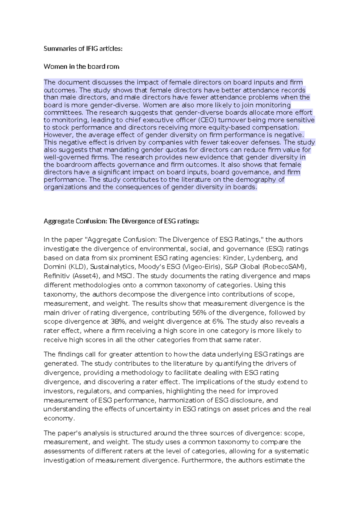 Summaries of IFIG Articles: Gender Diversity, ESG Ratings & Governance ...