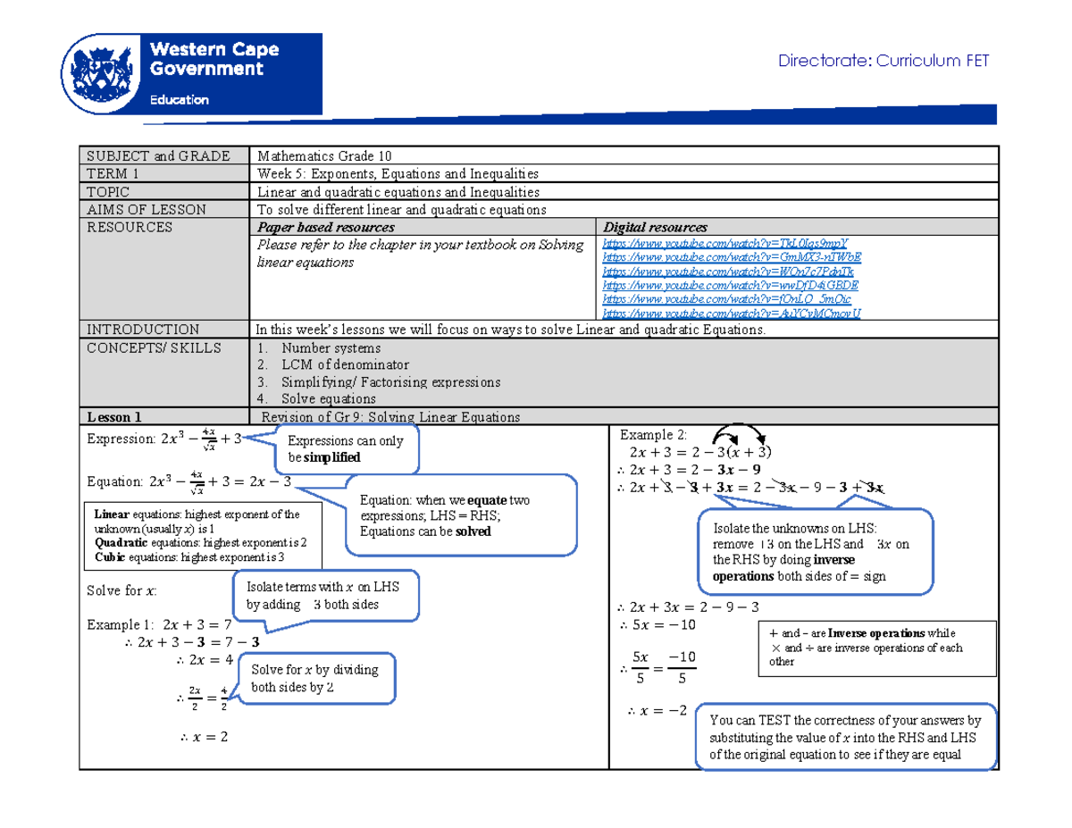 Mathematics Grade 10 Term 1 Week 5: Exponents & Equations - Studocu