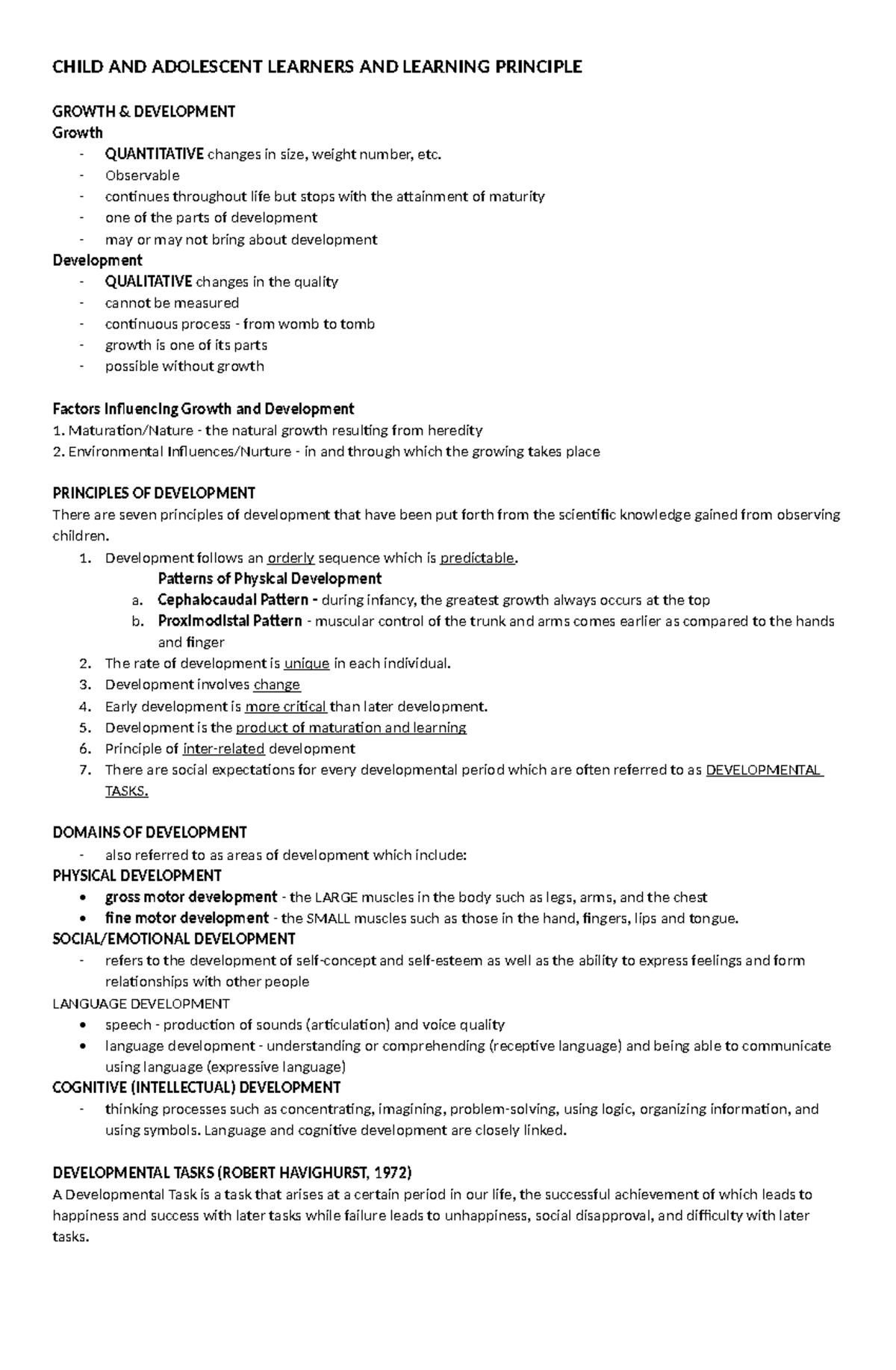 CHILD AND ADOLESCENT LEARNERS: GROWTH & DEVELOPMENT PRINCIPLES - Studocu