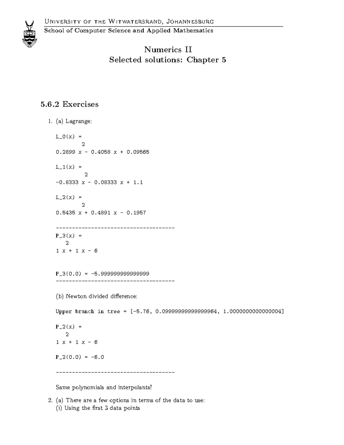 Numerics II APPM2007 Selected Solutions for Chapter 5 Exercises - Studocu