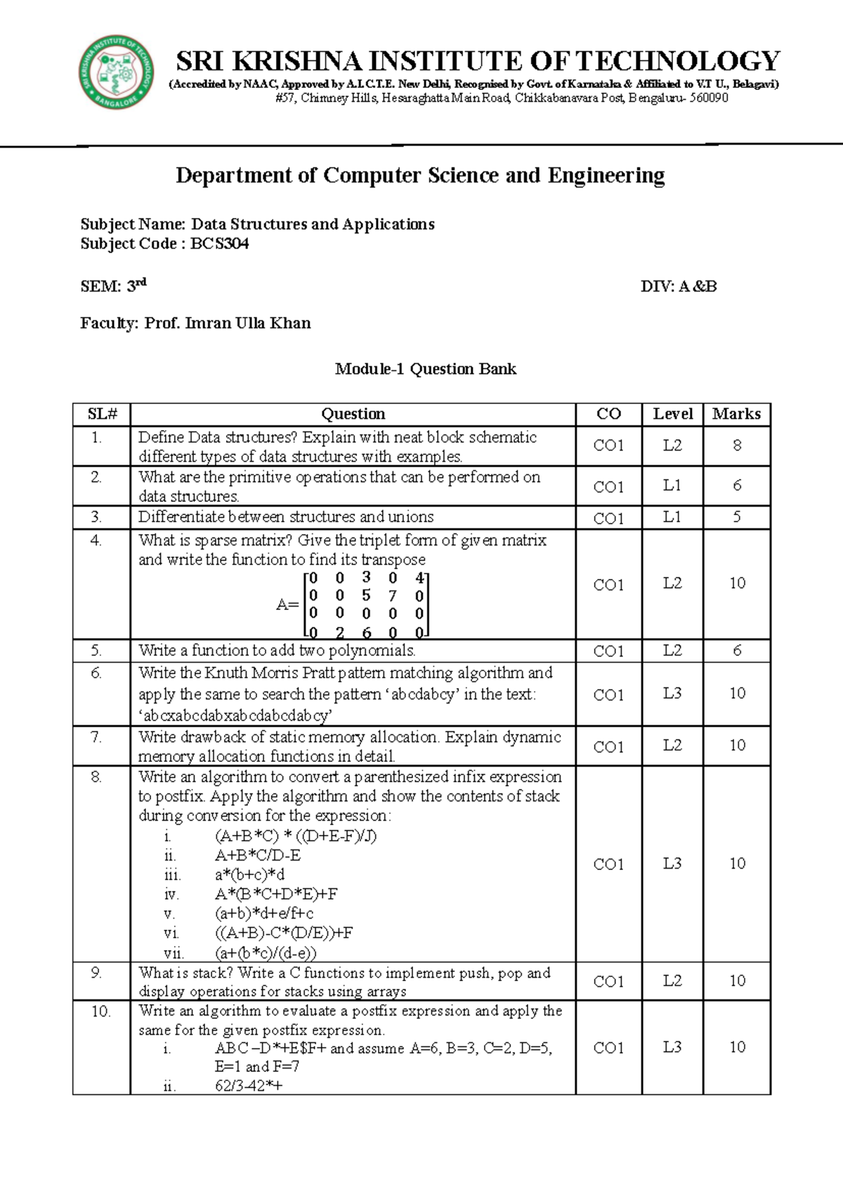 DSA BCS304 Sem 3 Question Bank - Mod 1 - Studocu