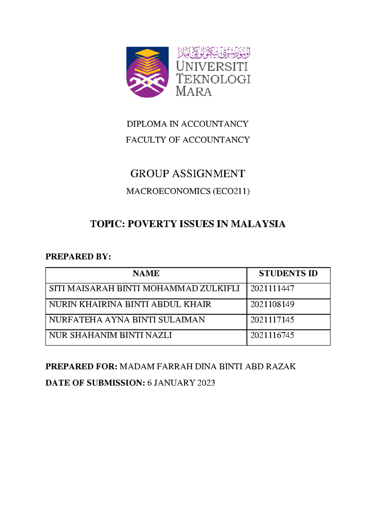 ECO211 Group Assignment: Addressing Poverty Issues in Malaysia - Studocu