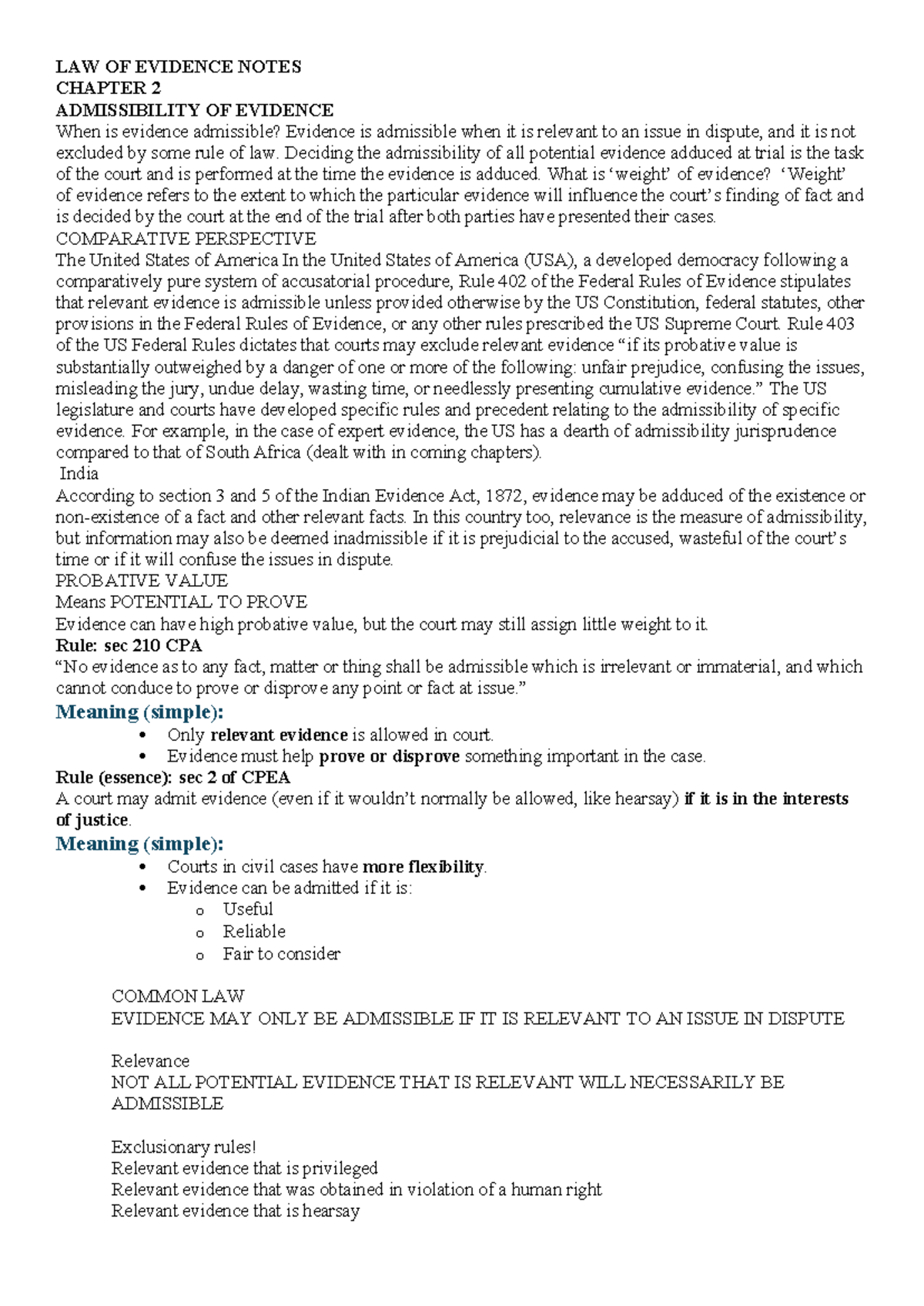 LAW OF EVIDENCE NOTES: CHAPTER 2 - ADMISSIBILITY OF EVIDENCE - Studocu
