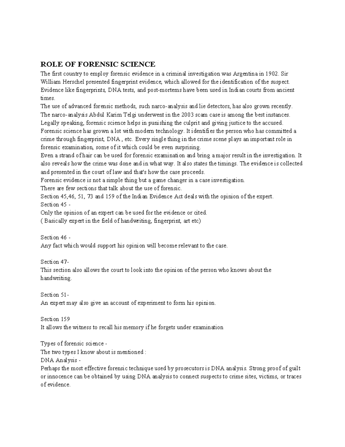 ROLE OF FORENSIC SCIENCE IN CRIMINAL INVESTIGATION (LAW 101) - Studocu