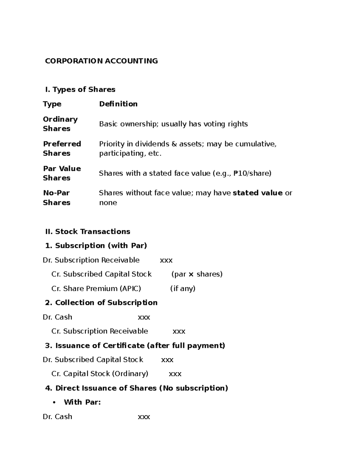 Corporation Accounting I: Share Types & Stock Transactions Review - Studocu