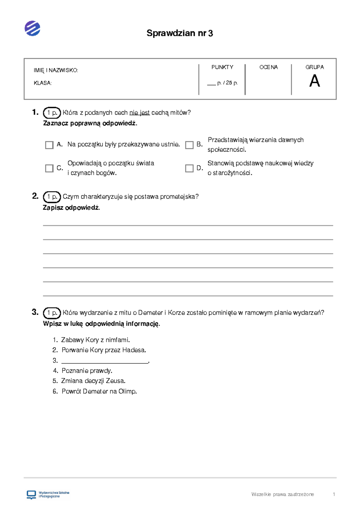 Liceum Sprawdzian Z Mitologii Odpowiedzi www.studocu.com