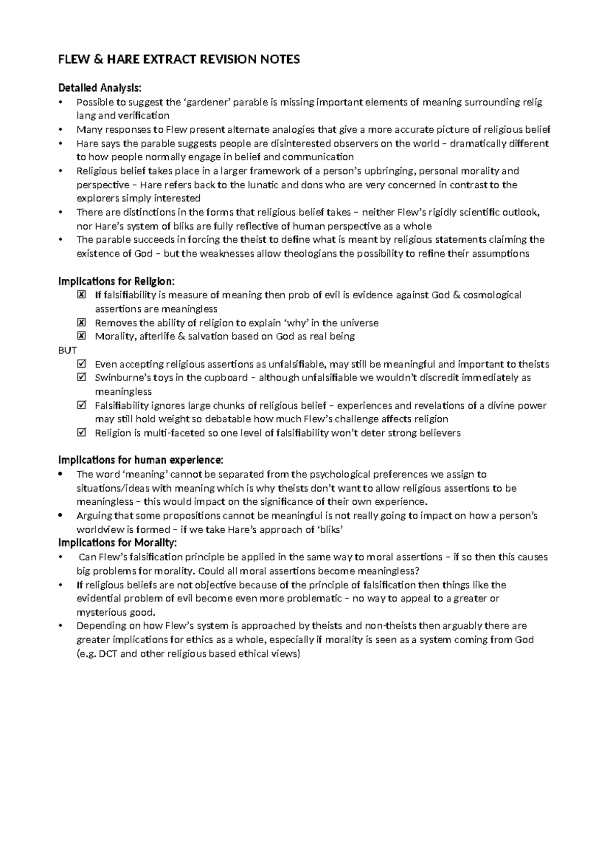 FLEW & HARE Extract Revision Notes: Analyzing Religious Belief ...
