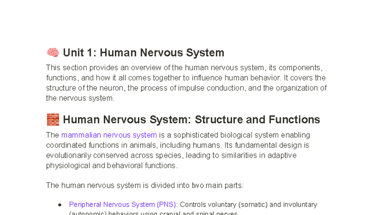 Human Nervous System Overview - Summarised Notes for PSY 101 - Studocu