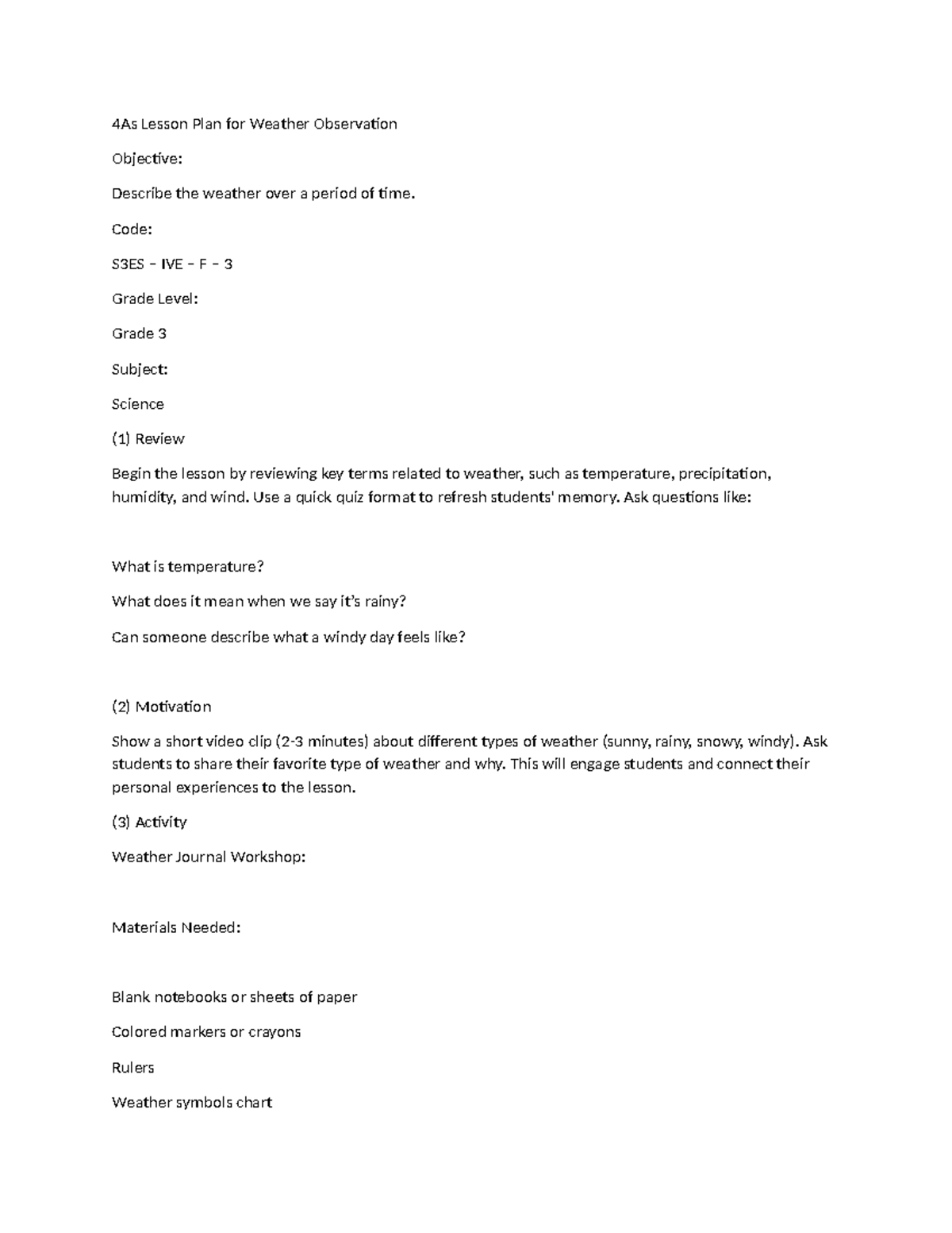 4As Lesson Plan S3ES – IVE – F – 3: Weather Observation for Grade 3 ...