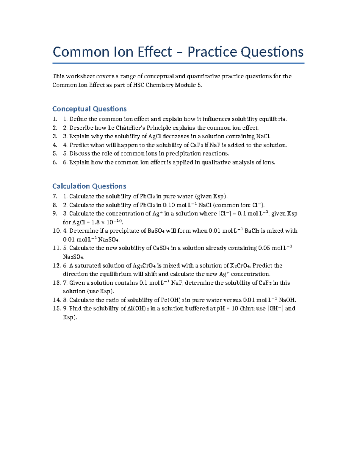 HSC Chemistry Module 5: Common Ion Effect Practice Questions - Studocu