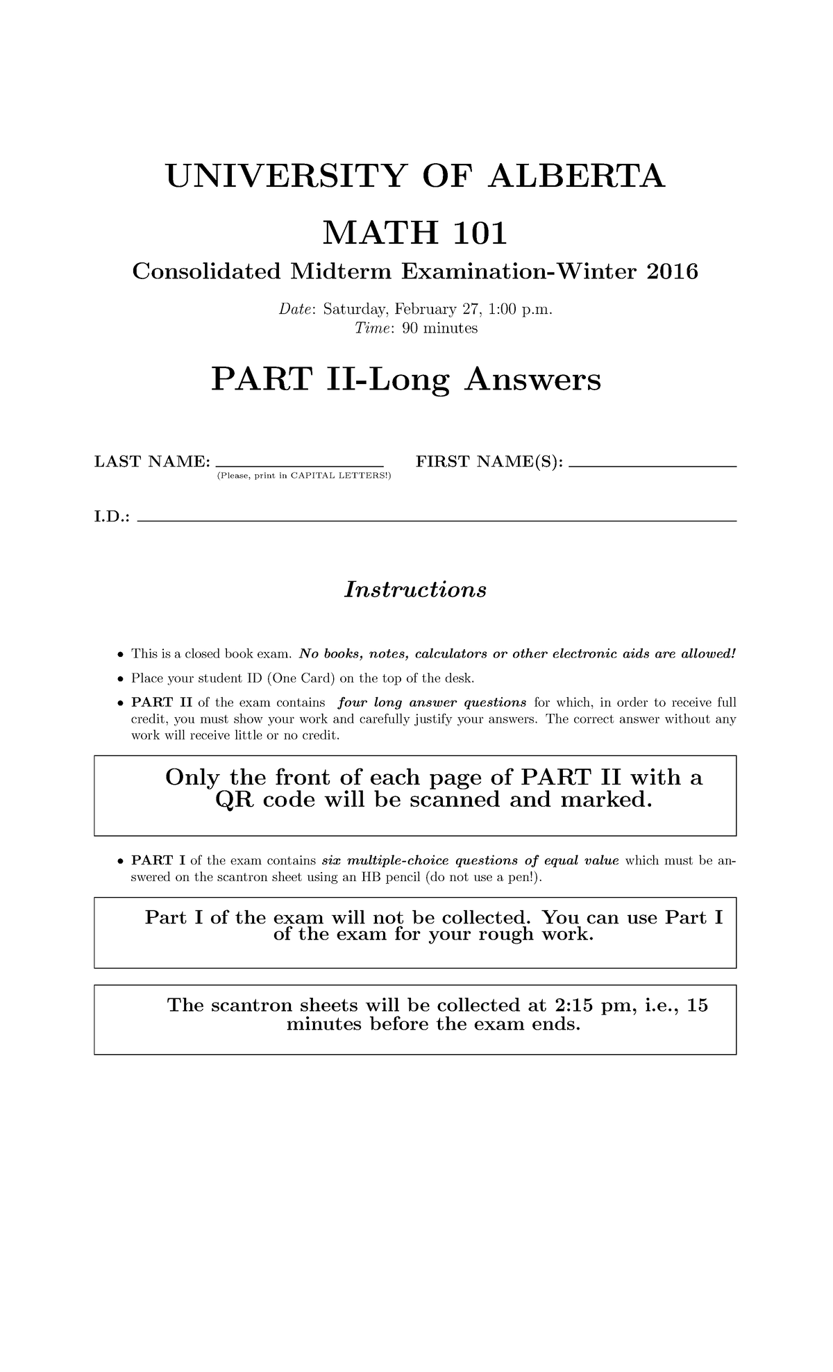 MATH 101 - Midterm Examination Part II - Winter 2016 (Long Answers ...