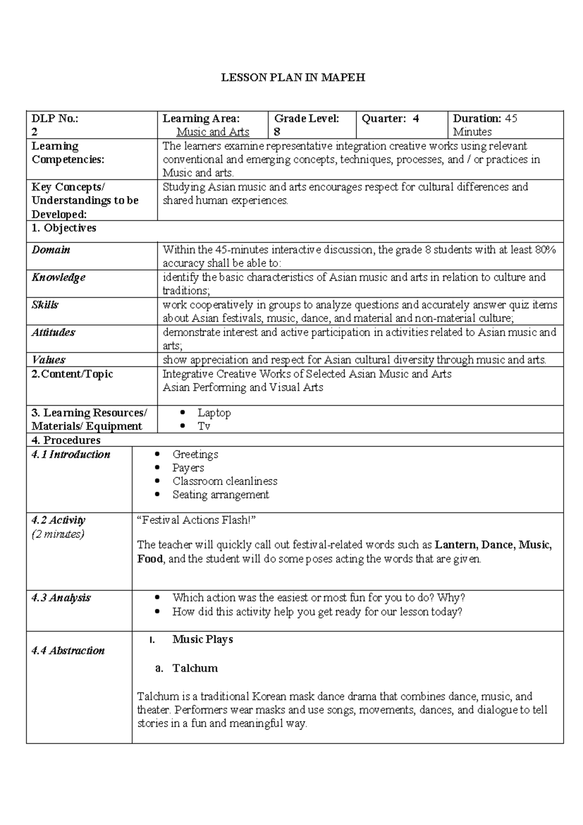 LESSON PLAN: MAPEH DLP No. 2 for Grade 8 Music & Arts - Studocu