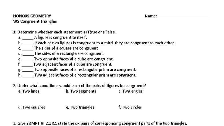 HONORS GEOMETRY WS: True/False on Congruent Triangles - Studocu