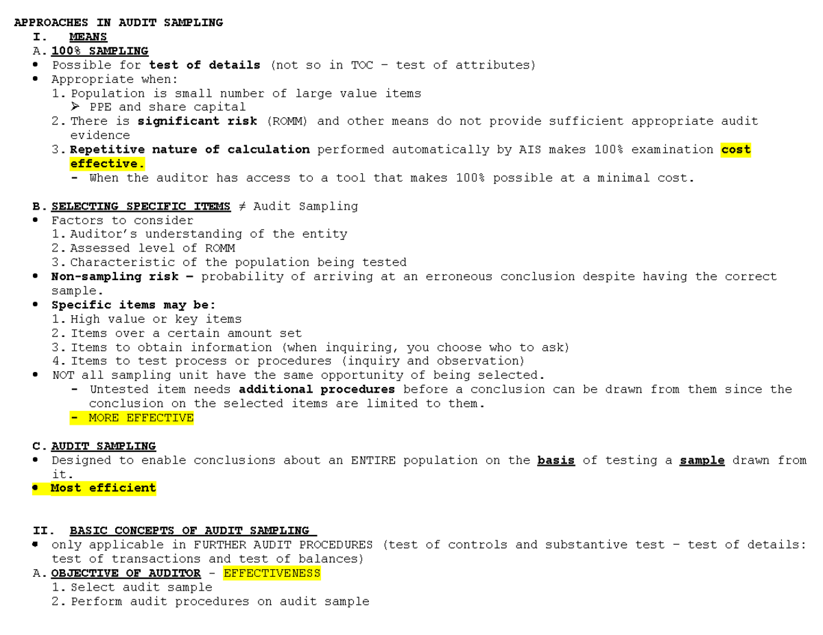 Approaches in Audit Sampling - REO Notes (ACCT 301) - Studocu