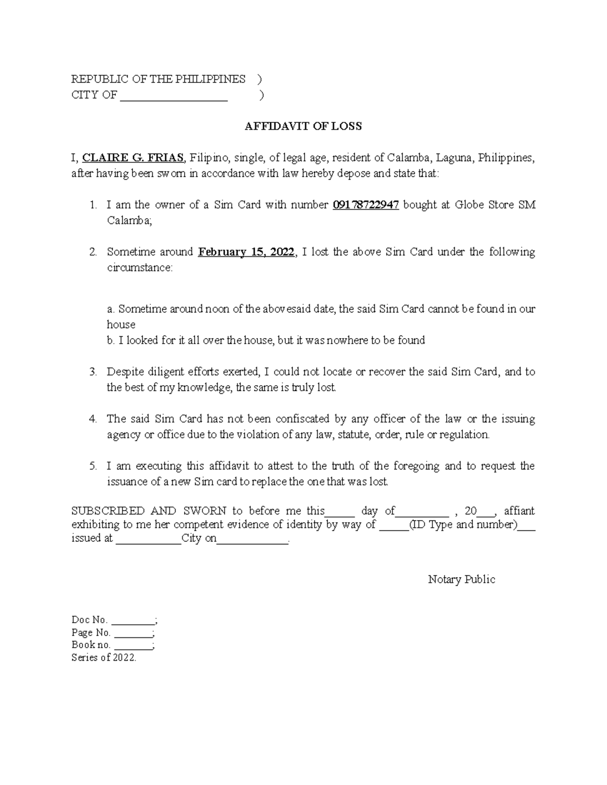Affidavit of Loss of Sim Card by Claire G. Frias - Document Preview