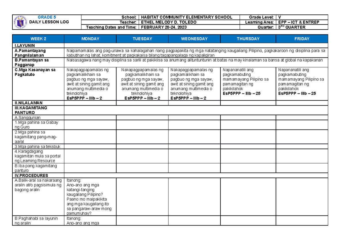 ESP 5 Q4 DLL WEEK 1 Daily Lesson Log for EPP – ICT & ENTREPRENURSHIP ...