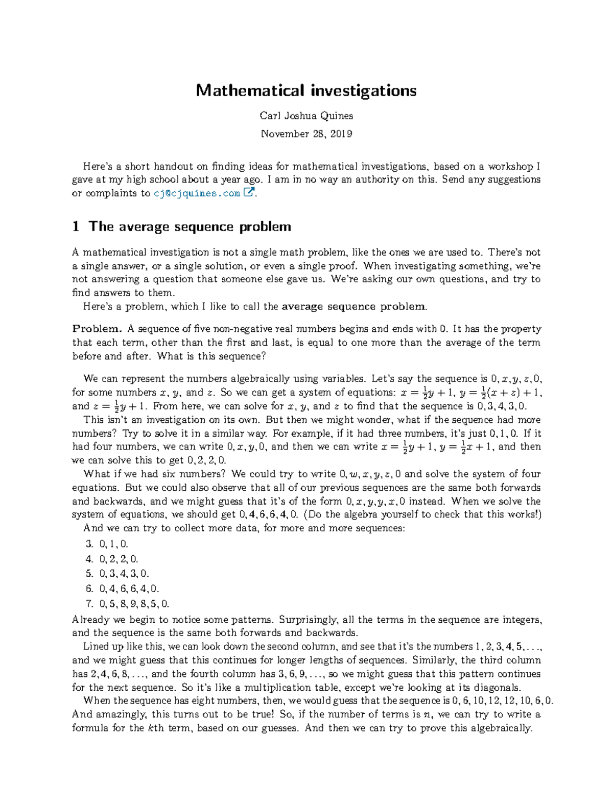 Mathematics Module: Investigating Average Sequences and Problem Solving ...
