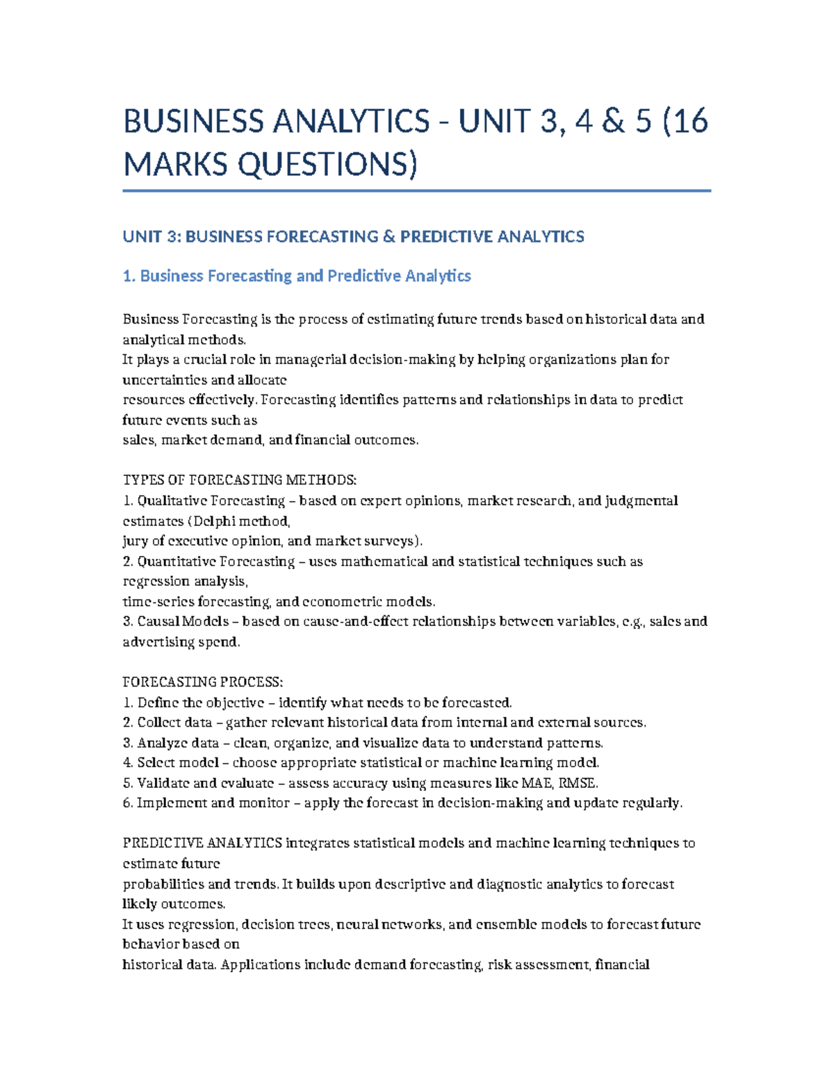Business Analytics Units 3, 4, 5: Forecasting & Predictive Techniques ...