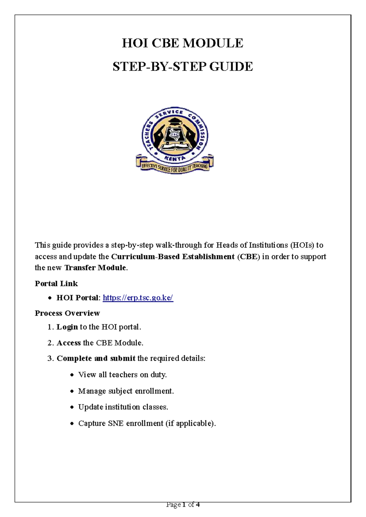 HOI CBE Module User Guide for Heads of Institutions - Studocu