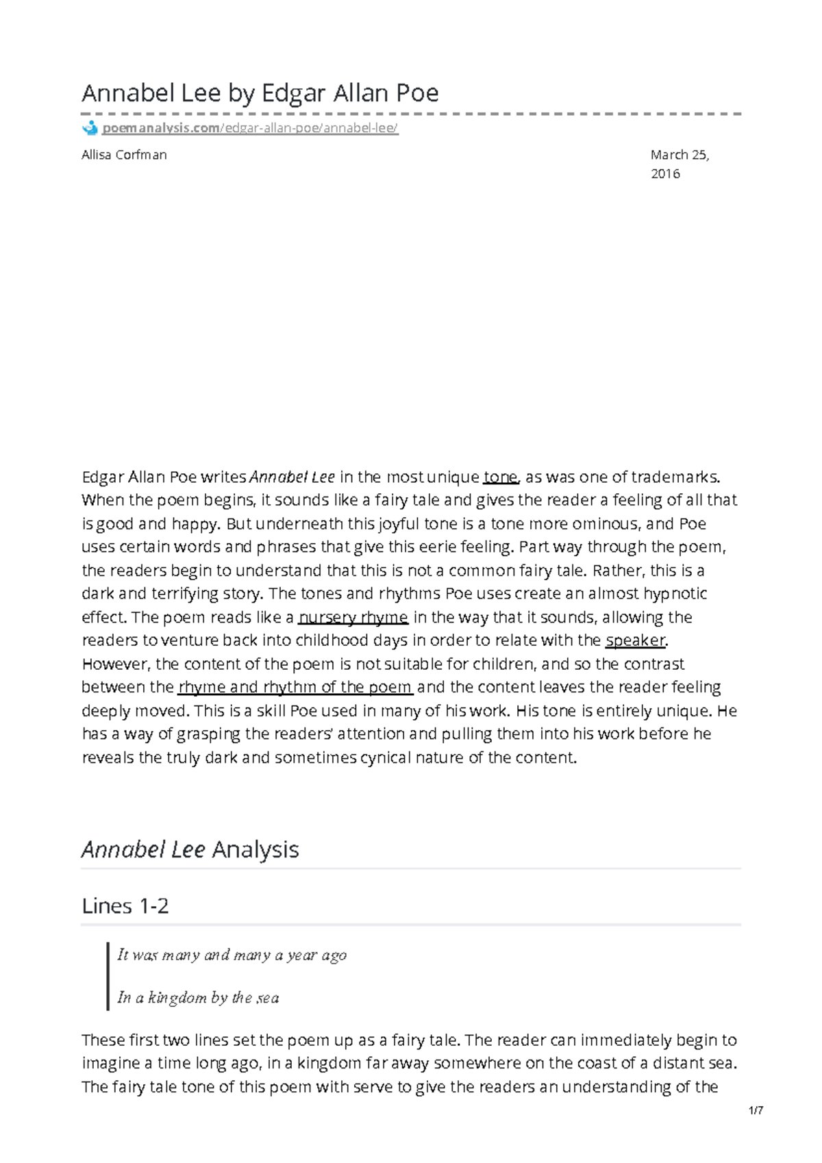 Poem Analysis: Annabel Lee by Edgar Allan Poe (2016) - Studocu