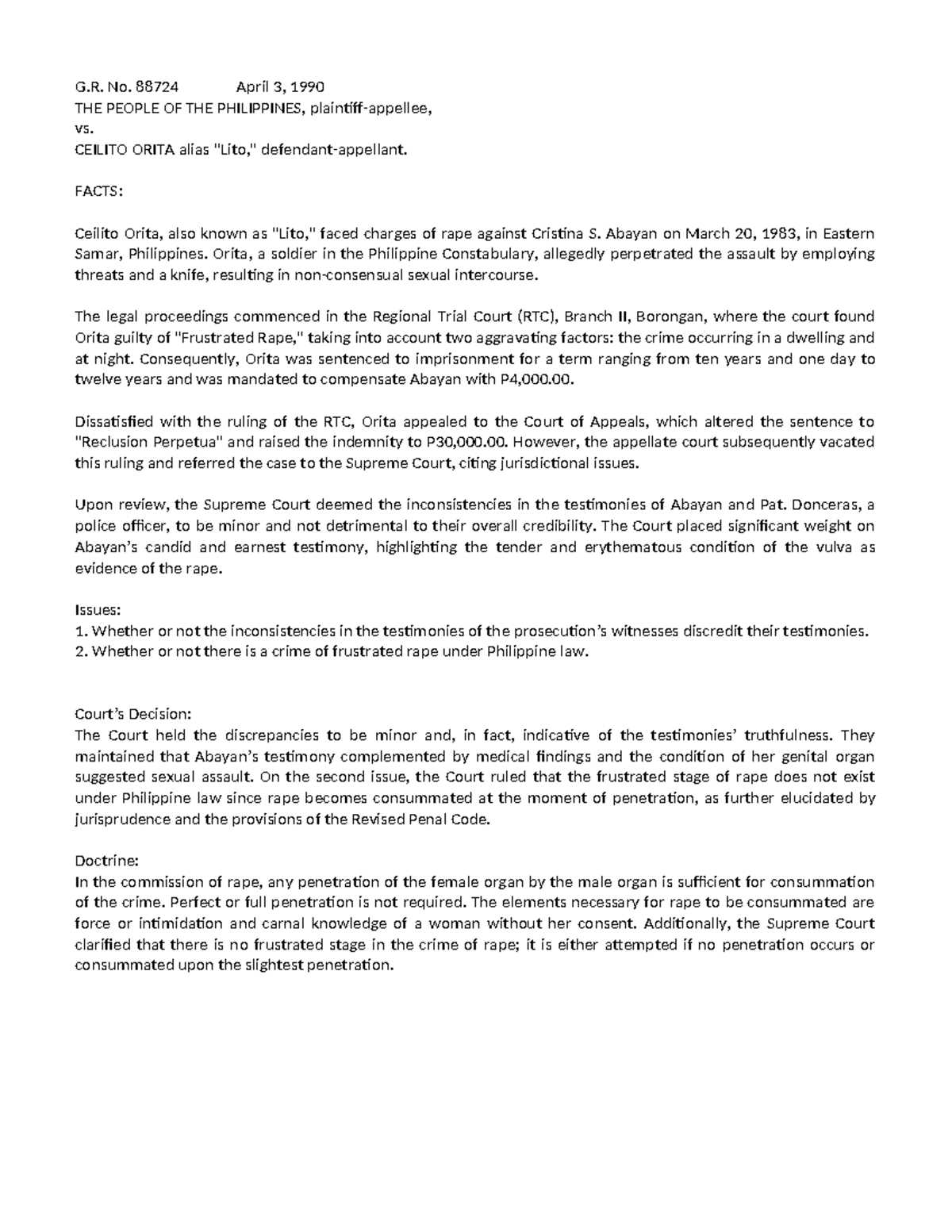 Digest- Crimlaw-New - G. No. 88724 April 3, 1990 THE PEOPLE OF THE ...