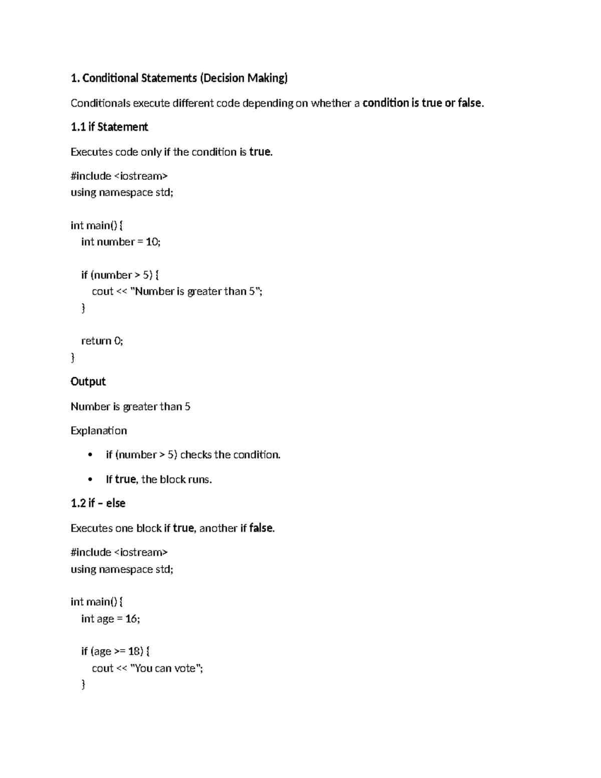 Cpp - C++ Conditional Statements and Loops Notes - Studocu