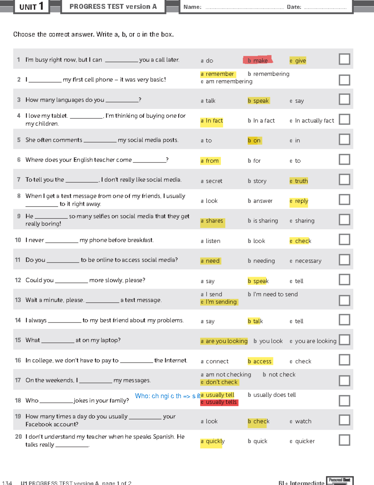 Personal Best (B1+) Unit 1 Test Answers & Review Guide - Studocu