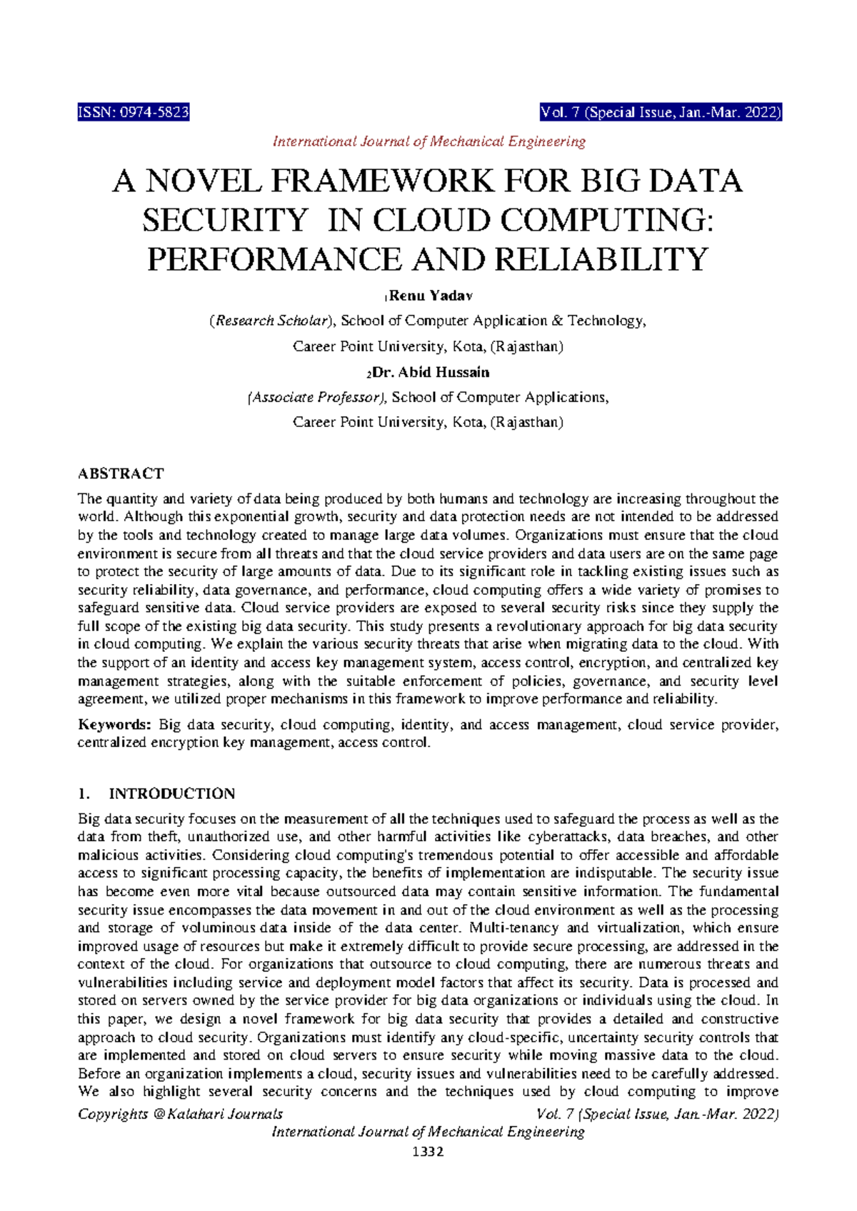 A Novel Framework for Big Data Security in Cloud Computing - Studocu