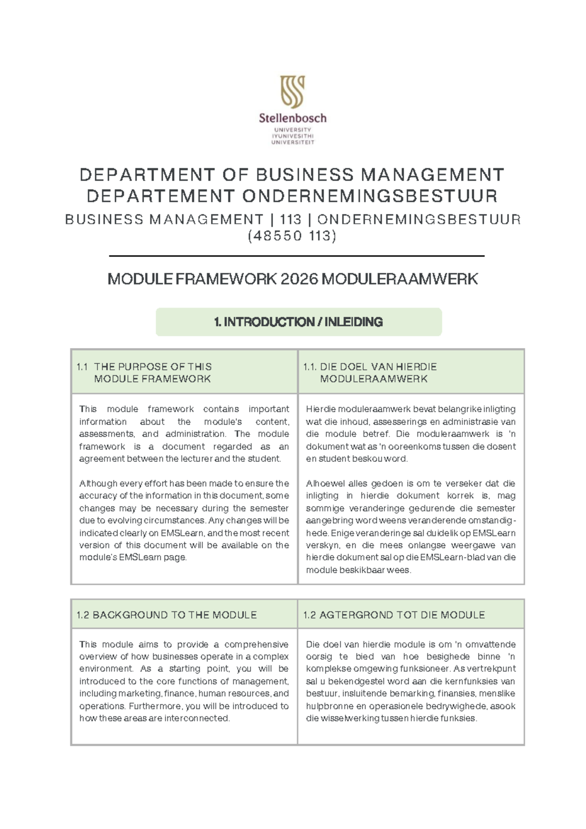 Business Management 113 Module Framework 2026 Overview - Studocu