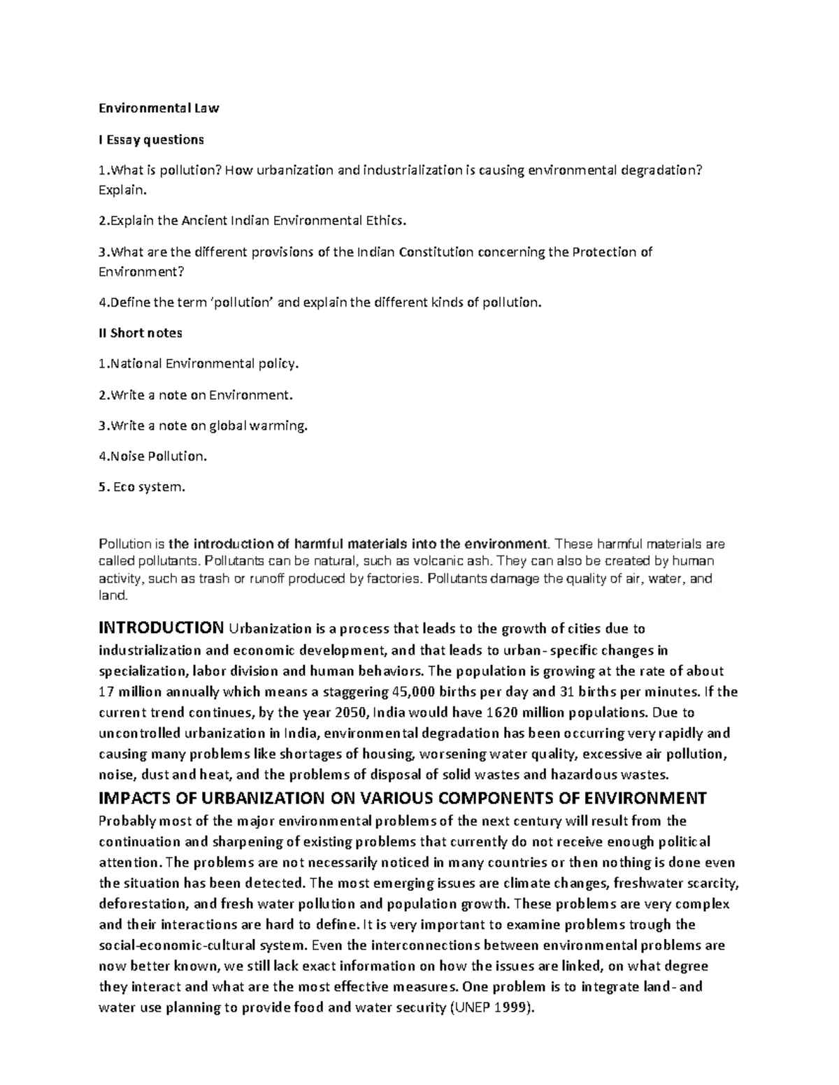 ENV 101 Unit 1 LN - Key Questions on Environmental Law and Pollution ...